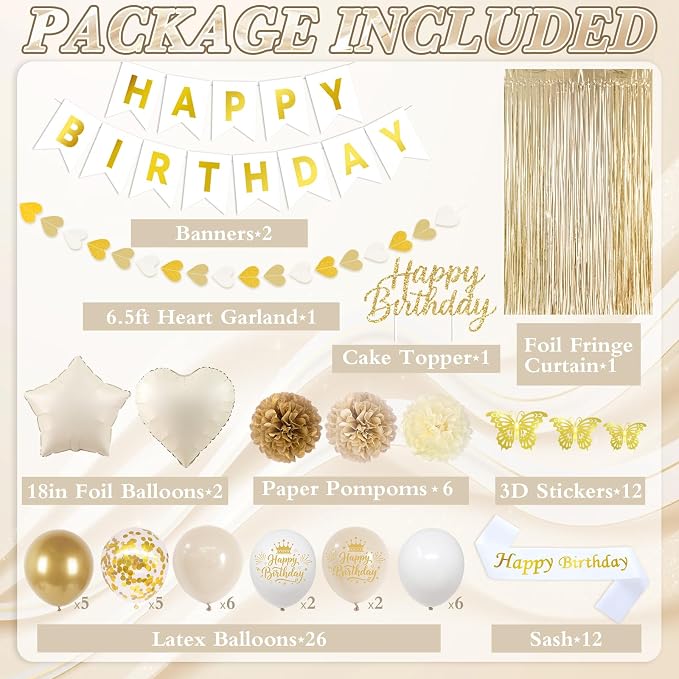 56PCS Champagne Gold Birthday Decorations for Women, White and Gold Birthday Decorations Include Banner Balloons 3D Butterfly Stickers Fringe Curtain Paper Pompoms, Happy Birthday Supplies for Girls