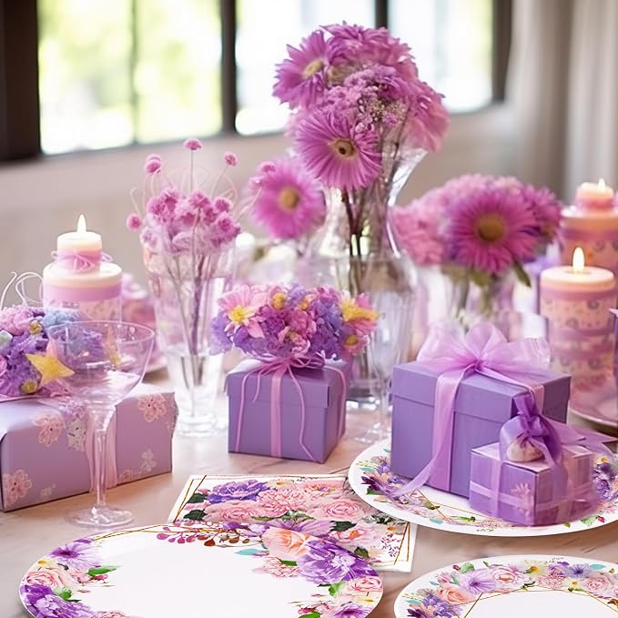 Grencian 96Pcs Spring Floral Party Supplies Pink Purple Flowers Paper Plates and Napkins Disposable Spring Floral Tableware Set for Tea Party Wedding Bridal Shower Baby Shower, Serves 24