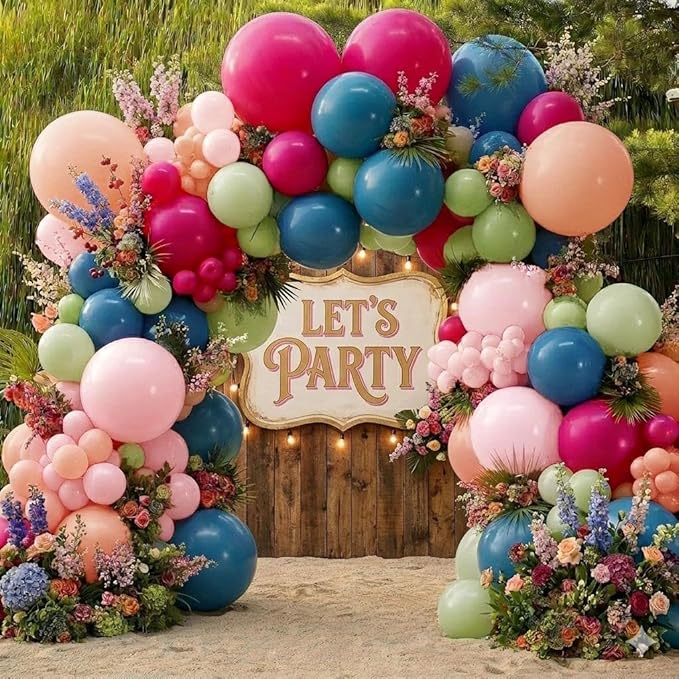 Hot Pink Green Blue Balloon Arch Kit Double Stuffed Dark Pink Olive Green Denim Blue Light Orange Magenta Peach Balloon Garland for Birthday Baby Shower Flower Wedding Summer Party Decoration