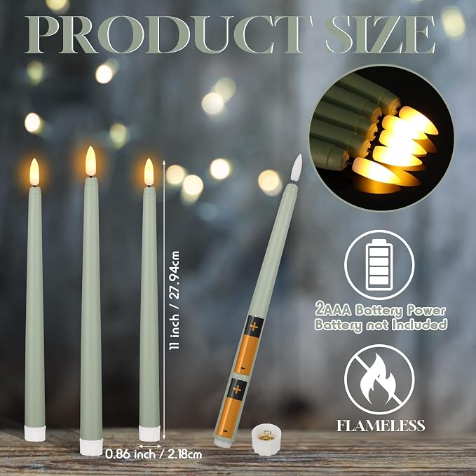 Macarrie 24 Packs Flameless Taper Candles Battery Operated Fake 11 Inch Long Candlelight LED Flameless Candlesticks Flickering Tapered for Summer Fall Wedding(Light Green)