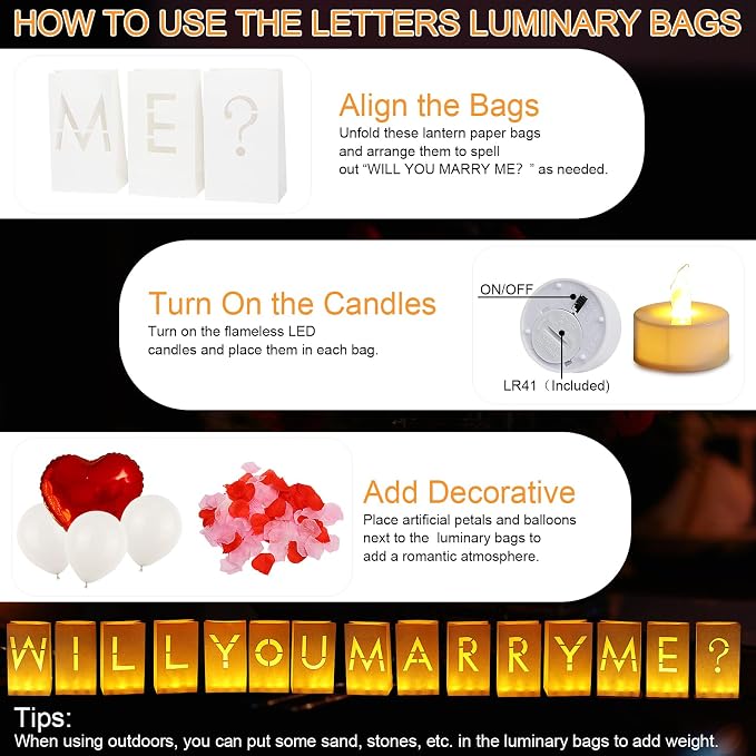 Will You Marry Me Light Up Letters, Paper Luminary Bags with LED Flameless Candles Fake Rose Petals Latex Foil Balloons for Girlfriend Women Valentines' Day Anniversary Proposal Decorations