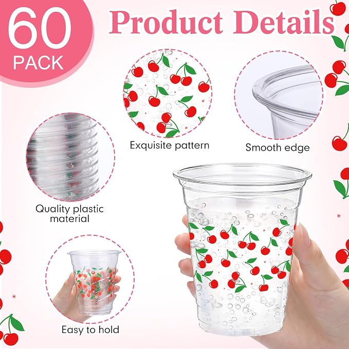 Funnymoom 60 Pack Cherry Plastic Cups 12 oz Red Cherry Disposable Clear Plastic Drinking Cups for Summer Spring Fruit Theme Baby Shower Birthday Holiday Party Decoration Favors Supplies