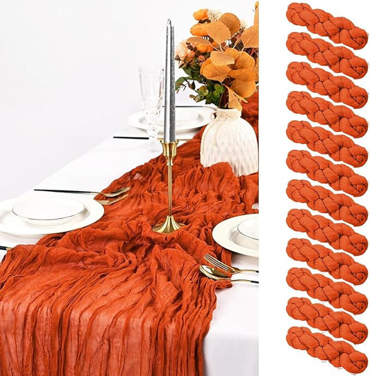 Pesonlook 12 Pack Orange Cheesecloth Table Runner, 10FT Cheesecloth Rustic Boho Table Runner Long Romantic Semi Sheer Table Runner for Wedding Birthday Bridal Shower Party Decorations(21.5×120 Inch)