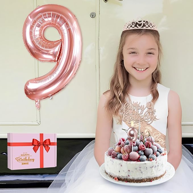 9th Birthday Decorations for Girls, Including 9th Birthday Sash and Tiara, Cake Topper and Candle, Number Balloon, 9 Year Old Girl Gifts