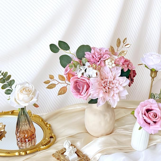 Silk Artificial Flowers Combo Box Set Dusty Pink Roses Gold Flowers Blush Pink Bridal Wedding Bouquets Cake DIY Fake Floral with Stems Arrangements Baby Shower Party Table Centerpieces Home Decor