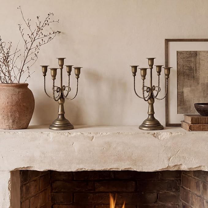 5 Arm Bronze Candelabra Candle Holder Set of 3, 11.7" Vintage Metal Candlestick Holders for Taper Candles Elegant Wedding Centerpiece Table Decor for Dining Room Fireplace Mantel Party Holiday Decor