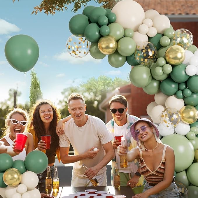CboDeco Sage Green Balloon Garland Arch Kit, Sage Green Olive White Gold Balloons in 18 12 10 5 inch, Metallic Confetti Balloons for First Communion Safari Baby Shower Birthday Baptism Decorations