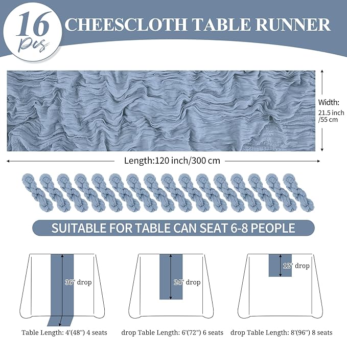 16 Pack 10Ft Cheesecloth Table Runner Dusty Blue, 20 x 120 Inch Rustic Gauze Boho Cheese Cloth Table Runners Wedding Long Table Runner for Wedding Party Bridal Shower Table Decoration