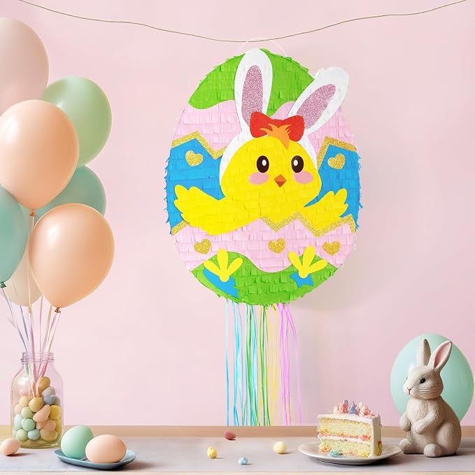 WERNNSAI Easter Egg Piñata - Easter Bunny Piñata with Blindfold and Stick Cute Chick in Egg for Party Decoration Supplies for Birthday Decoration School Spring Party Game
