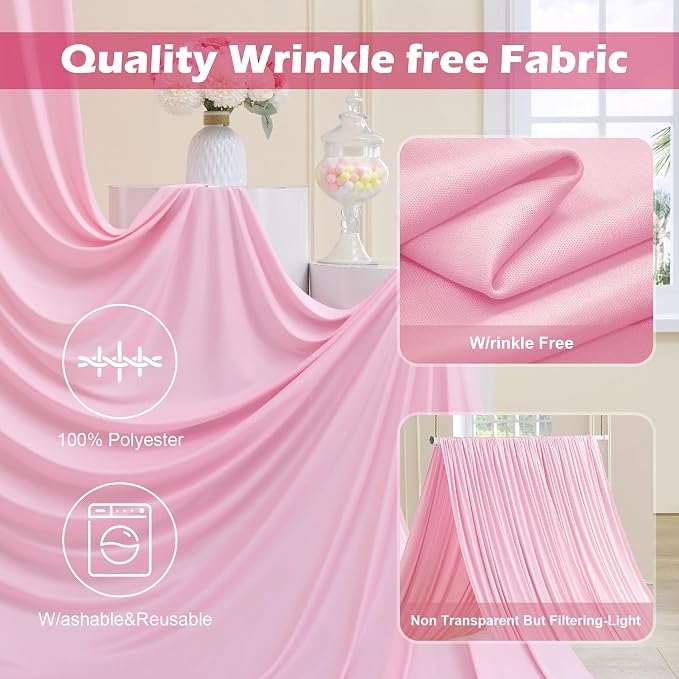 50ft x 10ft Wrinkle Free Pink Backdrop Curtain for Parties, 10 Panels 5×10ft Silky Polyester Light Pink Photo Backdrop Drapes Back Drop Cloth for Girl Party Birthday Gender Reveal Wedding Photography