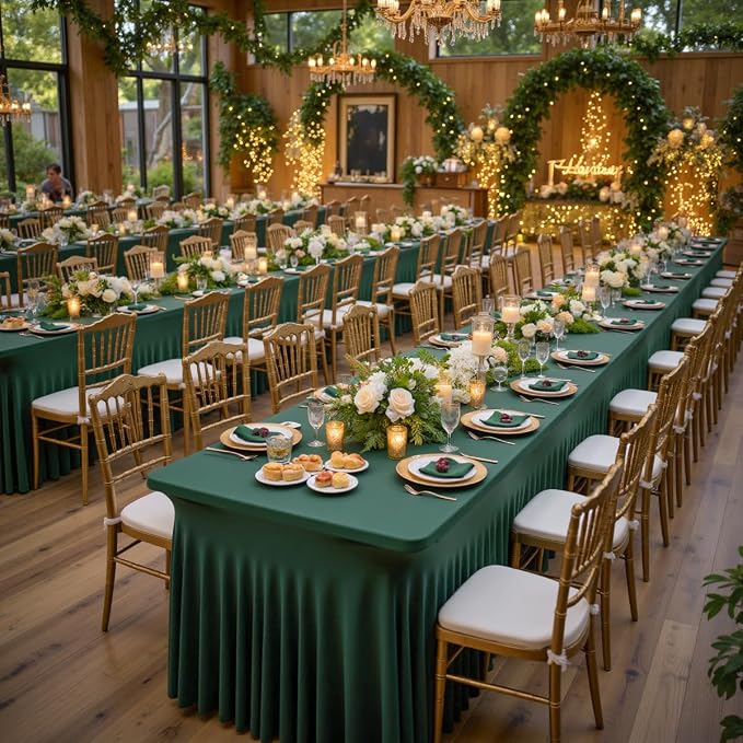 4 Pack Hunter Green Spandex Tablecloths for 8 Foot Rectangle Tables, Wrinkle Free Fitted Table Cloths 8ft Stretchy Table Cloth Cover with Skirt for Parties Weddings Birthday Banquet Baby Shower