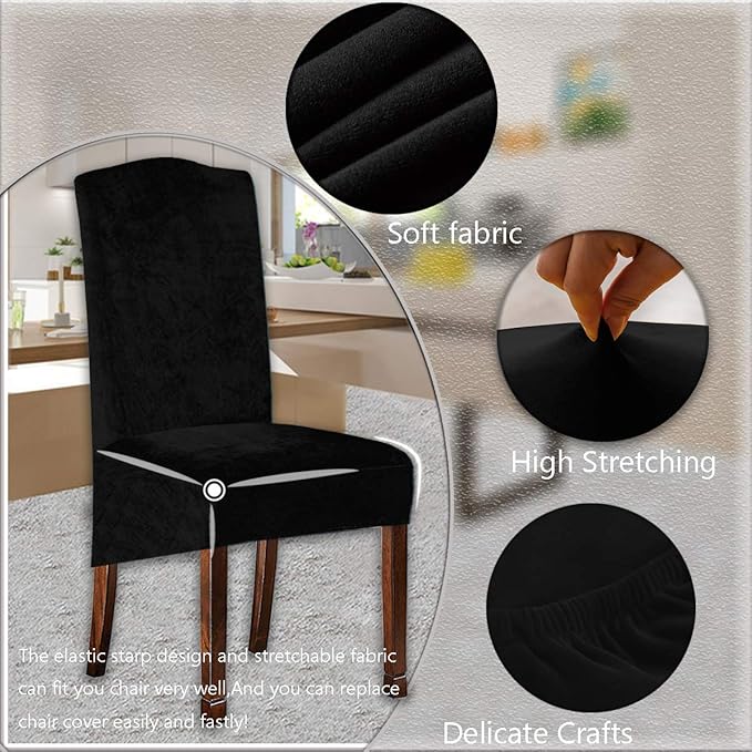 Velvet Plush XL Dining Chair Covers, Stretch Chaircover, Spandex High Chairs Protector Covers Seat Slipcover with Elastic Band for Dining Room,Wedding, Ceremony, Banquet (Black, Set of 2)