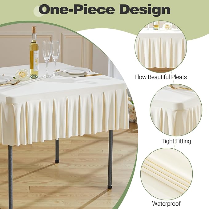 Shillance 34x34 Inch Ivory Spandex Square Tablecloth,Wrinkle Free Ivory Fitted Table Cloth for Square Tables,Washable Pleated Table Cover for Wedding Birthday Cocktail Party Buffet Dinner Camping