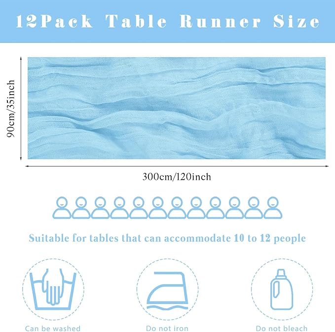 6 Pcs Baby Blue Cheesecloth Table Runner 10FT Runner for Tables 35 x 120 Inches Long Gauze Boho Fabric Table Runner Decoration Rustic Sheer Runner for Wedding Birthday Baby Shower Party (Baby Blue)