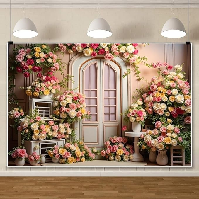 ChloropLastid 10x8ft Wedding Floral Backdrop Pink White Blooming Flowers Photography Background Retro Door Wedding Engagement Bridal Shower Birthday Party Supplies Portrait Photo Booth Props