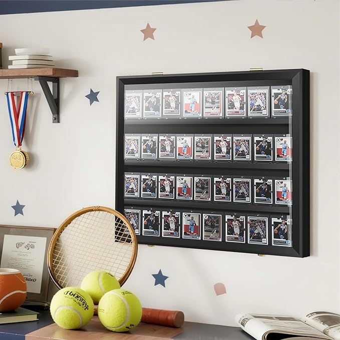 36 Graded Sports Card Display Case - Baseball Card Display Frame Lockable for, Football, Basketball, Hockey & Trading Cards - UV Protection & Clear Acrylic, Black