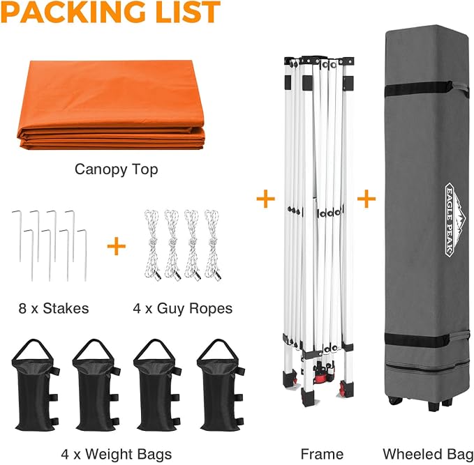 EAGLE PEAK Pop Up Canopy Tent with Wheeled Carry Bag, 8 Stakes, 4 Ropes, 4 Weight Bags, Easy Set Up Tent Canopy, 10x10 ft, 100sqft of Shade, Orange