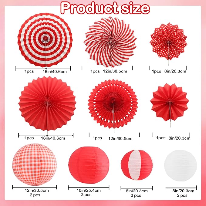 16 Pcs Picnic Party Decorations Kit, Hanging Red and White Checkered Paper Lanterns Paper Fans for Summer Barbecue Birthdays Holidays Picnic Party Supplies