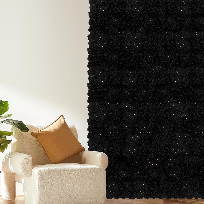 3D Flower Wall Backdrop - 12Pcs 15×15 Inch Artificial Rose Panels Black Silk Floral Decor for Home Party Wedding Anniversary Birthday Photographic Studio Background & Decorative Fences