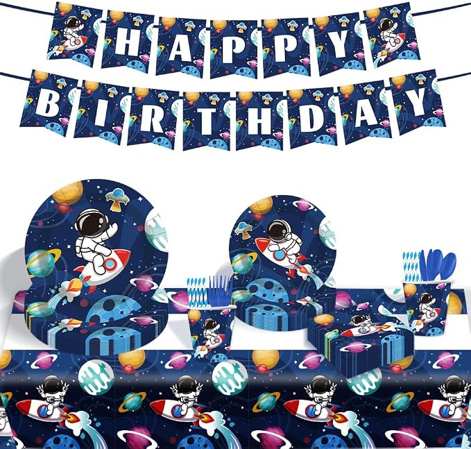 Outer Space Birthday Party Supplies Serve 20 Space Party Tableware Set, Happy Birthday Banner Tablecloth Paper Plates Cups Napkins Knives Forks Spoons for for Astronaut Theme Party Supplies