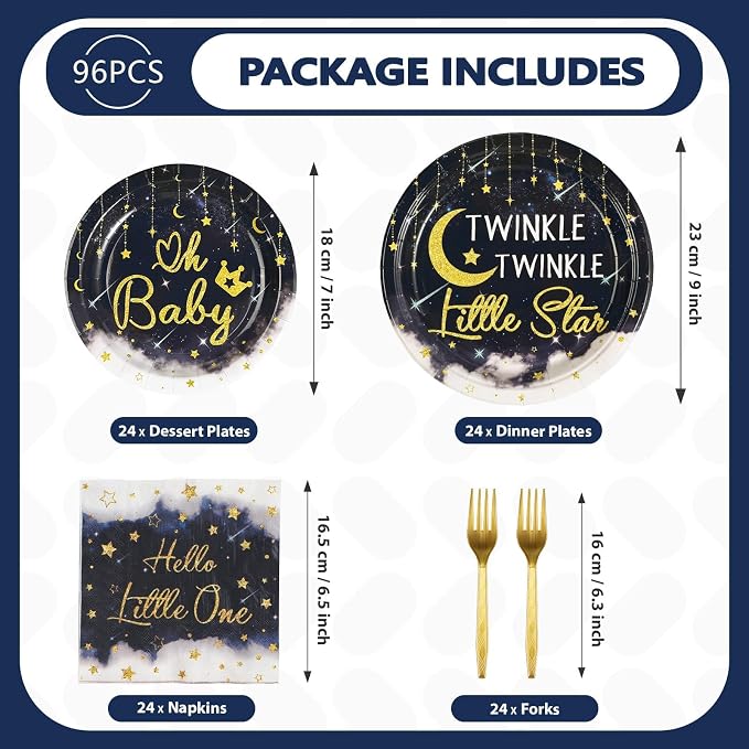 96Pcs Twinkle Twinkle Little Star Party Decoration Star Moon Baby Shower Plates and Napkins Navy Blue Gender Reveal Tableware Set for Boys Girls Baby Shower Celestial Birthday Party Supplies Serves 24