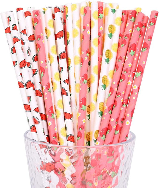 YAOSHENG Fruits Paper Straws, Pack 100 for Party Supplies,Birthday,Wedding,Bridal/Baby Shower,Juice, shakes,Smoothies
