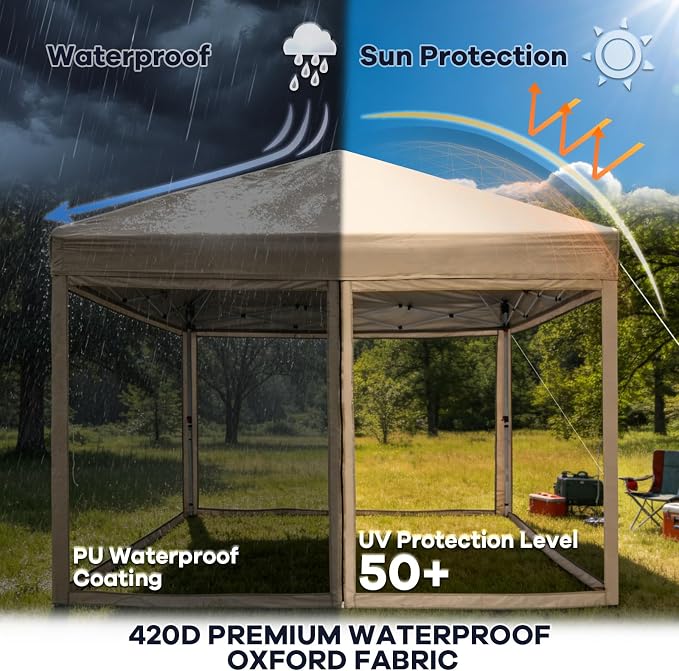 8x8 Pop Up Canopy with Mosquito Netting, Ez Up Portable Waterproof Instant Outdoor Screen Shelter, Pop Up Tent for Patio, Backyard, Parties, Camping and Events, Beige