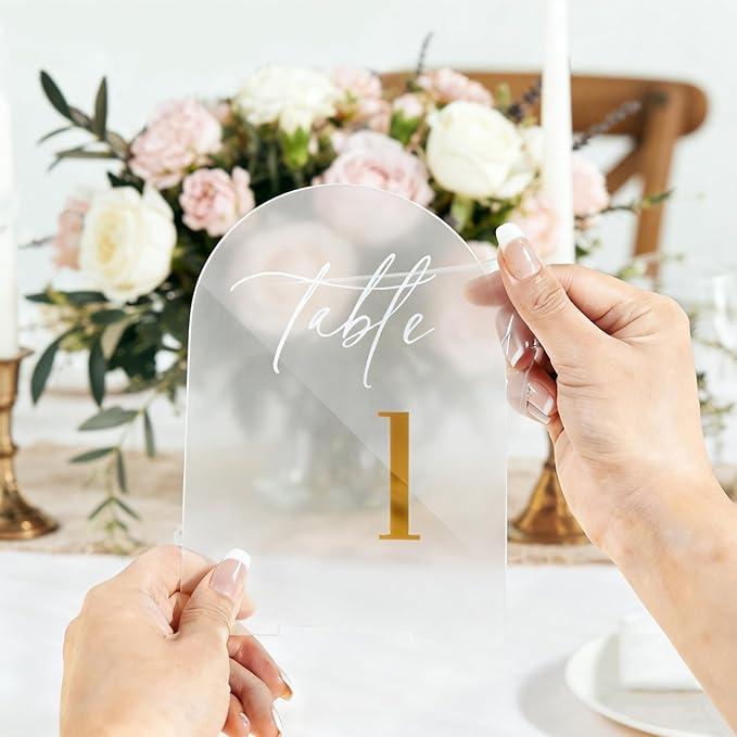 Frosted Wedding Table Numbers 1-20 with Stands, Elegant Gold Number Arch Acrylic Signs with Holder, 5.5" x 7" Gold 3D Table Numbers for Wedding Reception, Party, Anniversary, Events