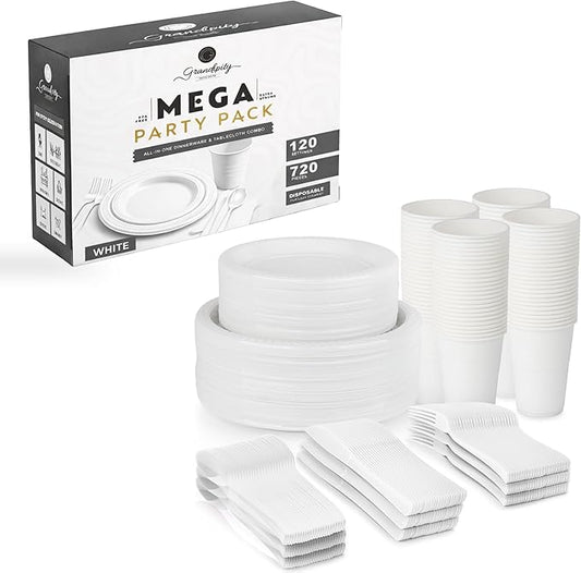 Grandipity 720 Piece White Disposable Dinnerware Set, Plastic Dinnerware Set Includes 120 Count 9' Dinner Plates, 7' Dessert Plates, 12oz Cups, Forks, Knives & Spoons