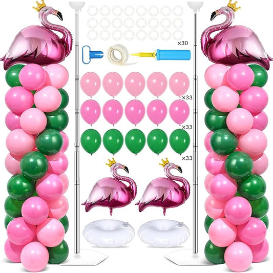 2 Sets Tropical Flamingo Balloon Column Stand Kit with 102 Pink Green Flamingo Foil Balloons Animal 5.57ft Adjustable Balloon Tower Stand with Bases Adjustable Arch Column for Luau Party Decor