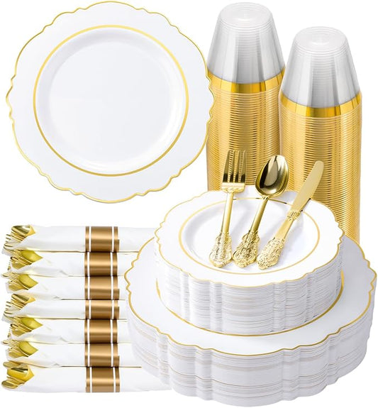 realluck 350 Piece White Gold Plastic Dinnerware Set for 50 Guests Elegant Baroque Disposable Dinnerware for Weddings, Parties, 100 Plastic Plates, 50 Pre Rolled Napkins with Silverware, 50 Cups