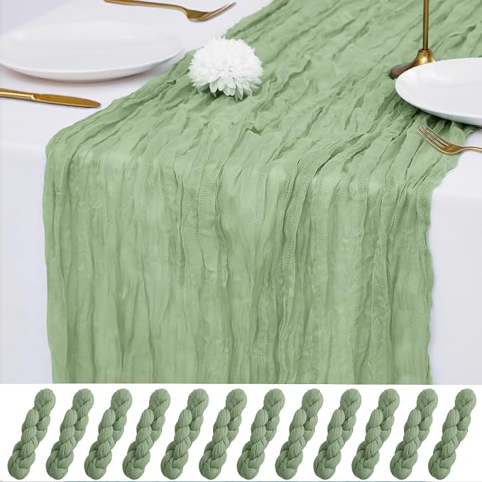 12 Pack Sage Green Cheesecloth Table Runner 21x120 Inches, Boho Gauze Rustic Semi Sheer Cheese Cloth Table Runners for Easter Wedding Bridal Baby Shower, Birthday Party, Long Farmhouse Table Decor