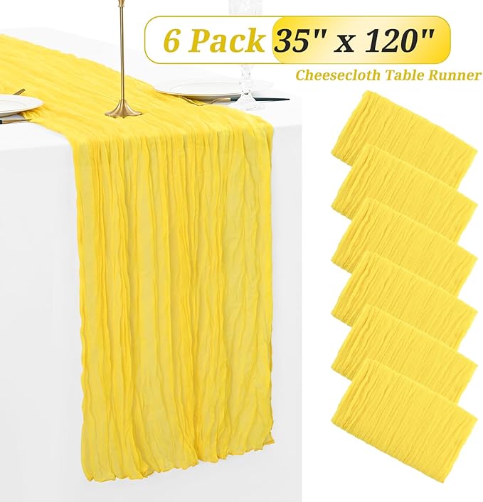Showgeous 6 Pack Yellow Cheesecloth Table Runner, 10FT Long Semi-Sheer Boho or Rustic Gauze Table Runner Wedding Table Decor for Wedding Arch Draping Bridal Shower Holiday Party