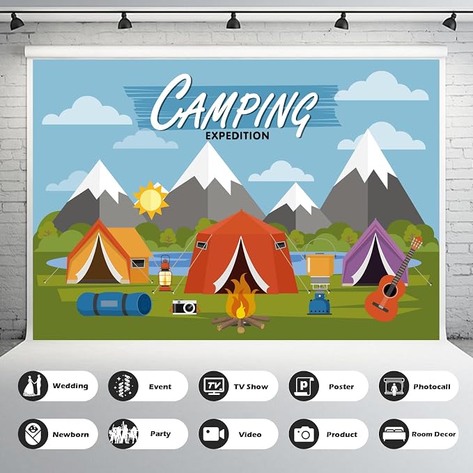Camping Adventure Backdrop Cartoon Forest Mountain Scenery Camping Expedition Photography Background Outdoor Campfire Camper Tent Backdrop Hiking Climbing Sign Guitar Background 7x5ft