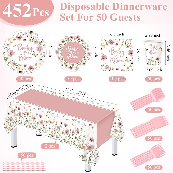 LemonRoad 452 Pcs Pink Baby in Bloom Decoration for 50, Floral Girl Baby Shower Paper Plates Napkins Cups Tablecloth Cutlery Straws Disposable Tableware for Spring Wildflower Babys Shower Party Supply