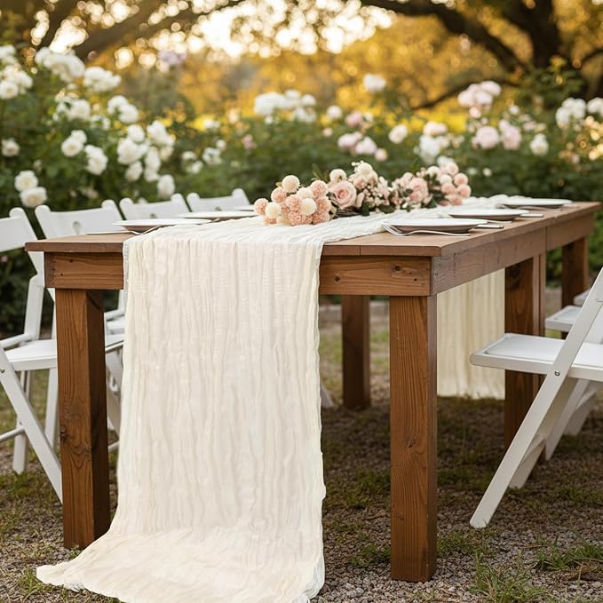 12 Pack Ivory White Cheesecloth Table Runner 120 Inch 10FT Cheese Cloth Runners for Soccer Party Theme, Wedding Decoration, Banquet, Boho Decor