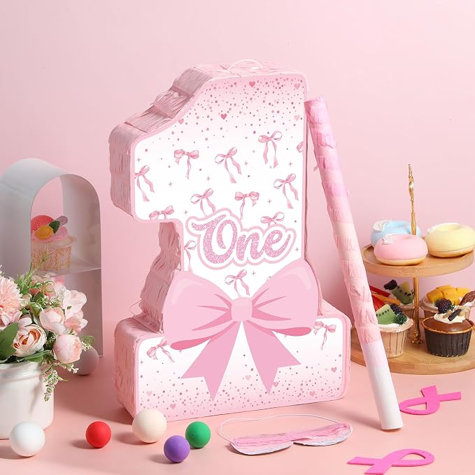 Blosssound Pink Bow Piñata Girl 1st Birthday Party Decorations Supplies Number One Piñata Set with Stick Blindfold for Pink Coquette Theme Birthday Baby Shower Celebration Decorations (Bow)