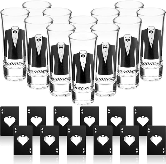 Zubebe Set of 12 Groomsmen Shot Glasses and Poker Card Bottle Openers Groomsmen Proposal Gift Best Man Tuxedo Shot Glasses for Wedding Bachelor Party Favors