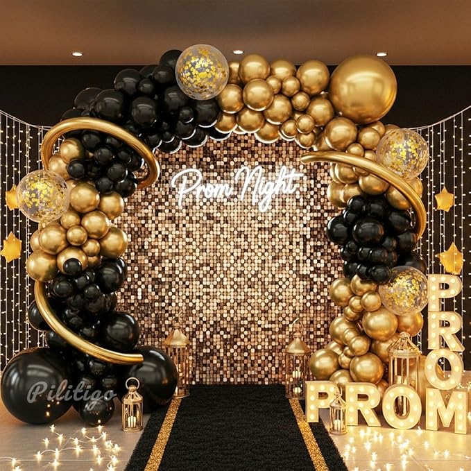 Black and Gold Balloon Arch Kit - 114 Pcs Black and Gold Balloons Garland with Confetti & Long Balloons for Men Birthday Graduation 2026 New Years Eve Retirement Party Decorations