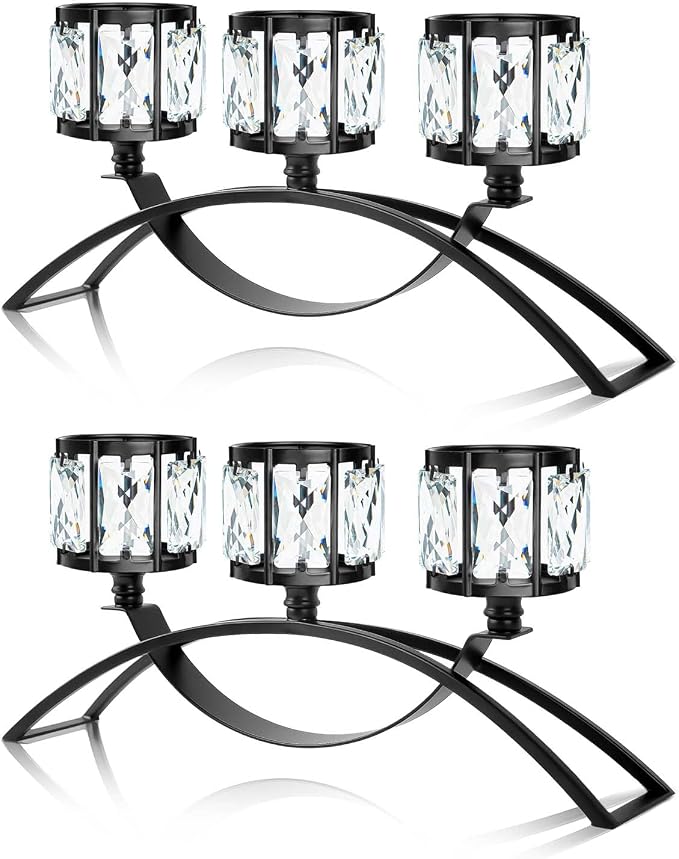3 Arms Crystal Candle Holders, Arch Candlestick Table Candelabras Centerpieces for Wedding, Dinning Room, Cabinet Ornaments, Home Decoration， Gift (Black, 2 Pcs-3 Arm Arched)