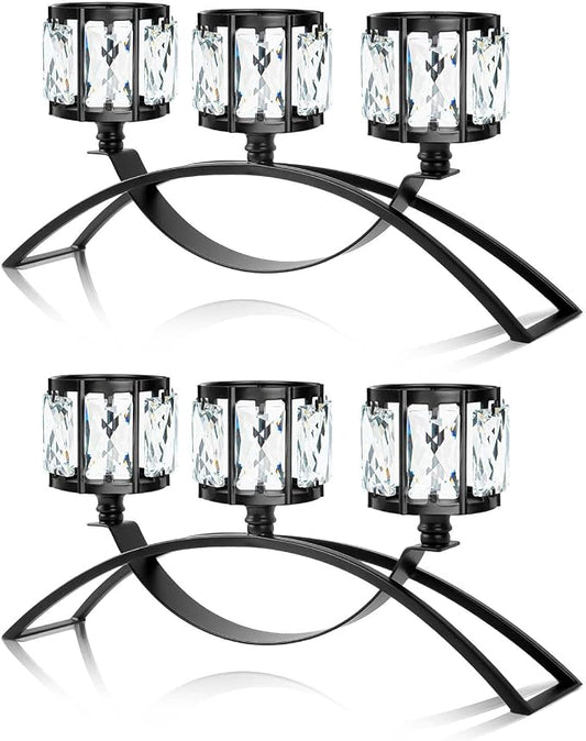 3 Arms Crystal Candle Holders, Arch Candlestick Table Candelabras Centerpieces for Wedding, Dinning Room, Cabinet Ornaments, Home Decoration， Gift (Black, 2 Pcs-3 Arm Arched)