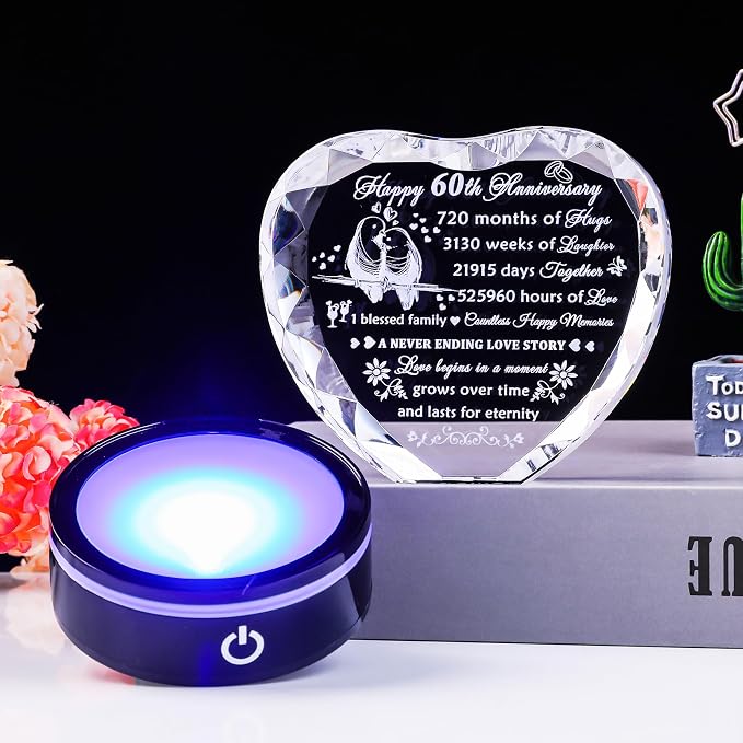 YWHL 60th Wedding Anniversary Crystal Heart Gifts for Parents Couple, Laser Engraved Romantic 60 Year Anniversary Crystal Keepsake Decorations Gifts for Wife Husband, 60 Years of Marriage Gifts