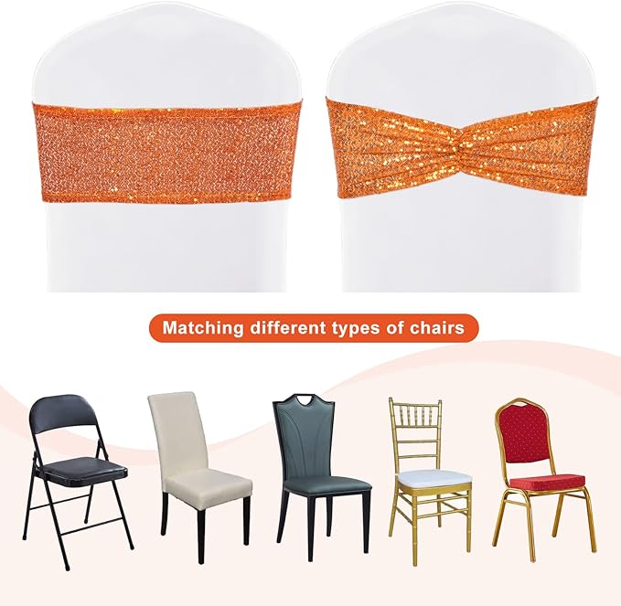 SquarePie 50 Pcs Sequin Chair Sashes Orange Sequin Sashes Bands Decorative Ties for Wedding Party Festive Chair Cover Decor
