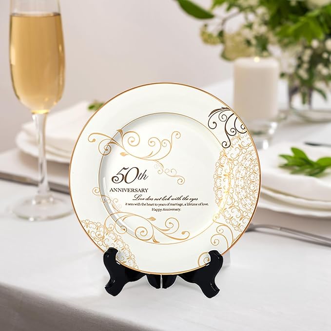 Urllinz 50th Anniversary Wedding Gifts for Couples Parents Grandparents- Golden Wedding Anniversary Keepsake Gift, 50 Year Marriage Plate with Stand, Ceramic with 24k Gold Foil, 9 inch