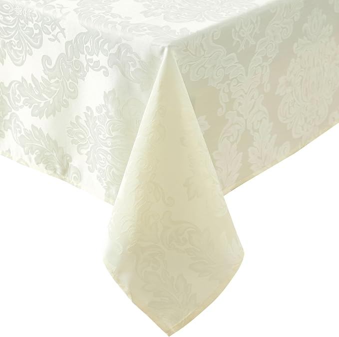 Newbridge Barcelona Luxury Damask Fabric Tablecloth, 90” Round, Antique White, 100% Polyester, No Iron, Soil Resistant Dining Room, Party and Banquet Table Cover