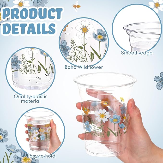 Hushee Blue Boho Floral 60 Pcs Party Cups 16 oz Plastic Disposable Drinking Cups for Birthday Love Baby in Bloom Baby Shower Summer Fresh off The Market Bridal Shower Decorations Supplies