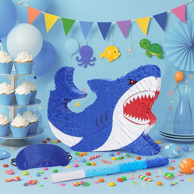 WERNNSAI Shark Piñata - Ocean Shark Birthday Party Decorations Kids Boys Piñata with Blindfold and Bat for Under the Sea Party Supplies Baby Shower Birthday Game Set