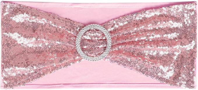 Pack of 100 Chair Sashes Sequin Stretchy Spandex Bands Decorative Bows One-Sided Sequins Decor for Romantic Wedding Party Home Chair Cover Sash Decorations, Rose Gold