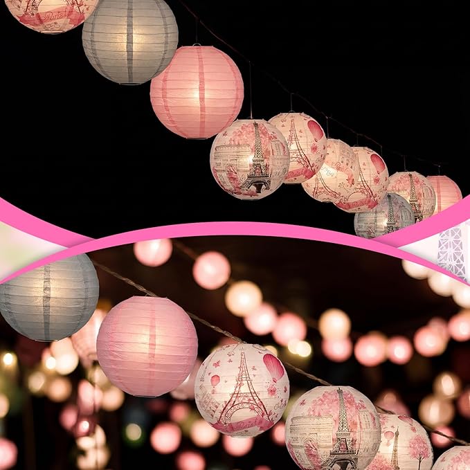 Panelee 12 Pcs Paris Party Decorations Eiffel Tower Pink Paper Lanterns 8 Inch Hanging Round Hanging Paper Party Decorations for European City Landscape Theme Ceiling Holiday Decor Supplies
