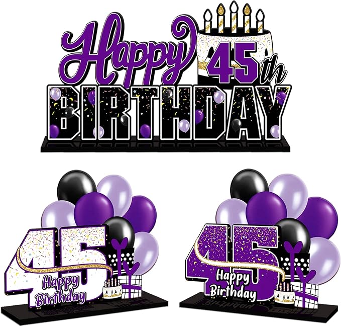 LINGTEER Happy 45th Birthday Purple Acrylic Table Topper Centerpieces Set - Cheers to 45 Years Old Birthday 45th Bday Party Gift Decorations.